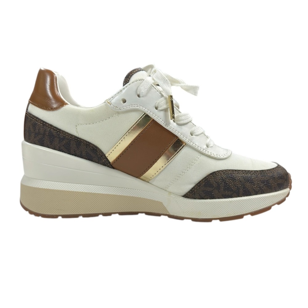 Michael Kors Georgie Wedge Sneakers 7 Brown White Logo Trainer Luxury Streetwear - Picture 5 of 11